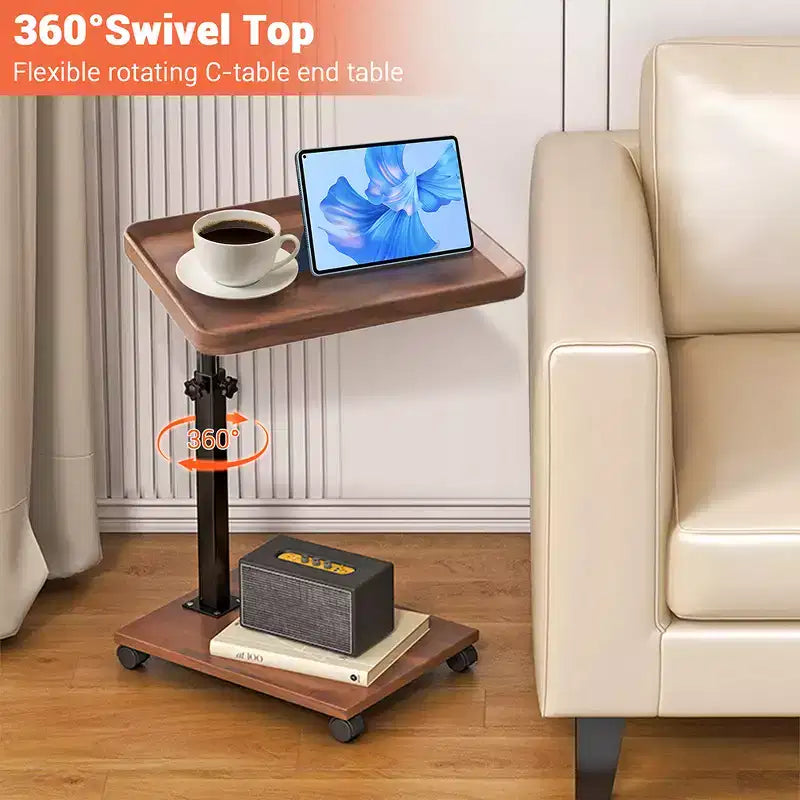 Table d'appoint en C à hauteur réglable, table de service TV pivotante à 360 degrés pour petits espaces, table d'appoint à roulettes pour salon et chambre à coucher, chevet