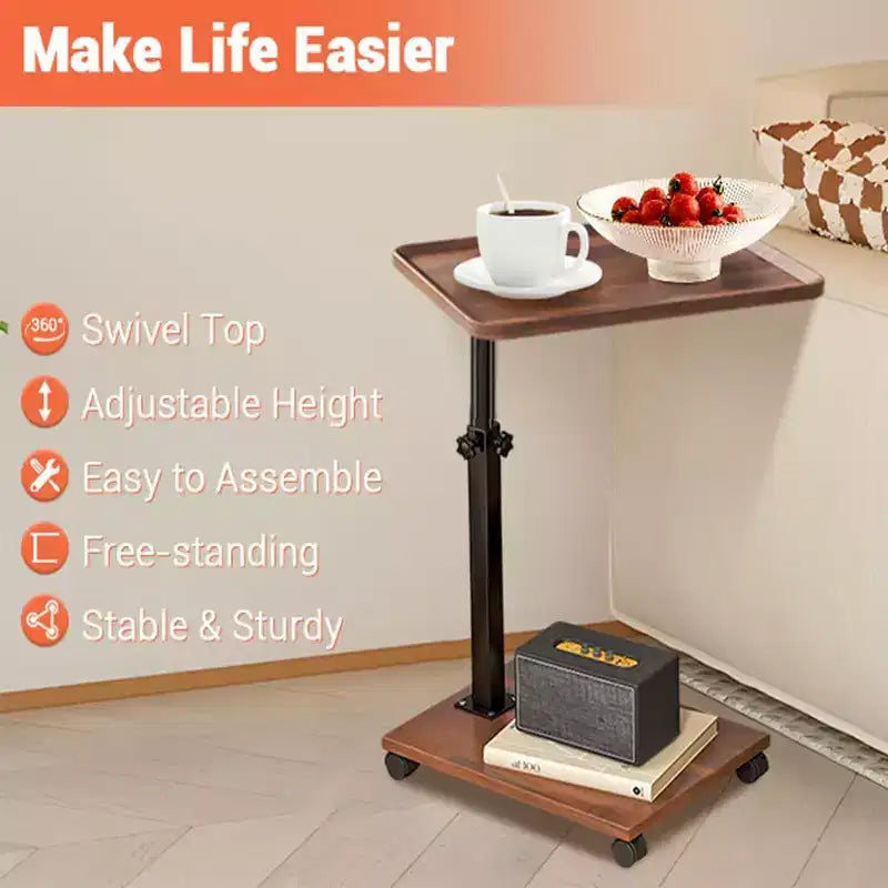 Table d'appoint en C à hauteur réglable, table de service TV pivotante à 360 degrés pour petits espaces, table d'appoint à roulettes pour salon et chambre à coucher, chevet