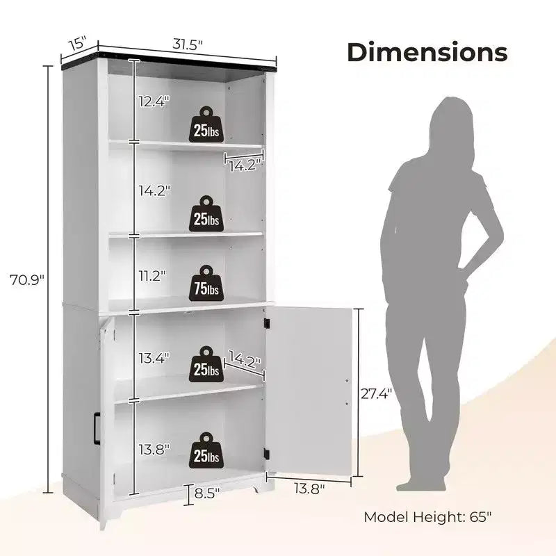 Vitrine blanche de 180 cm de haut avec 3 étagères et 2 portes