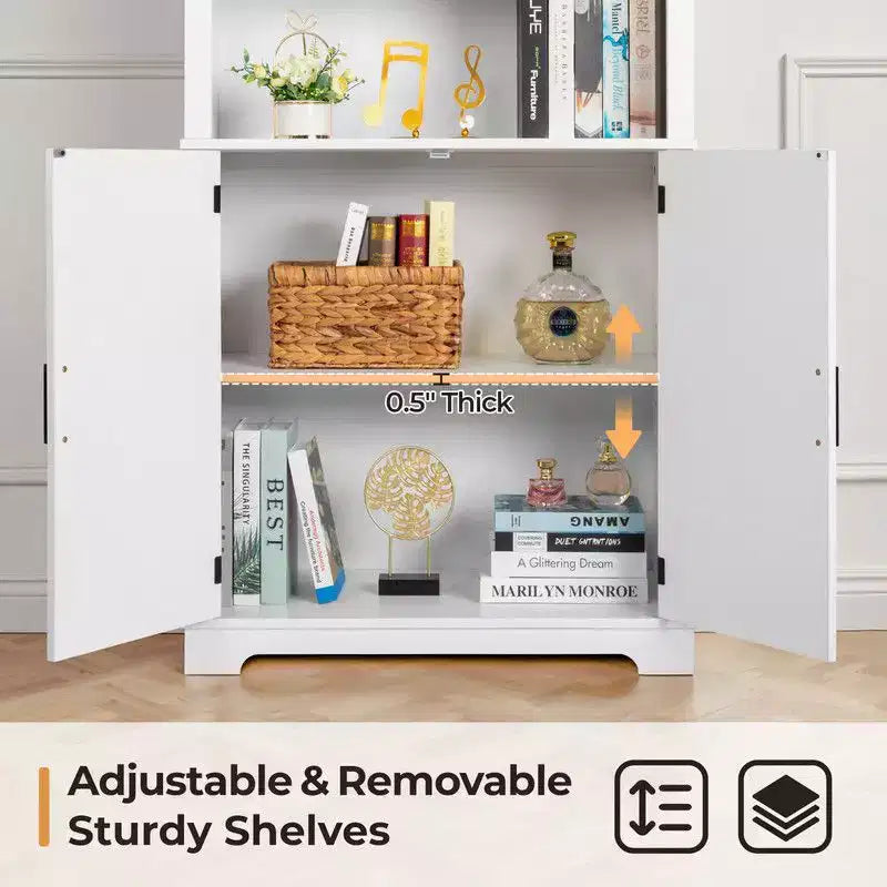 Vitrine blanche de 180 cm de haut avec 3 étagères et 2 portes