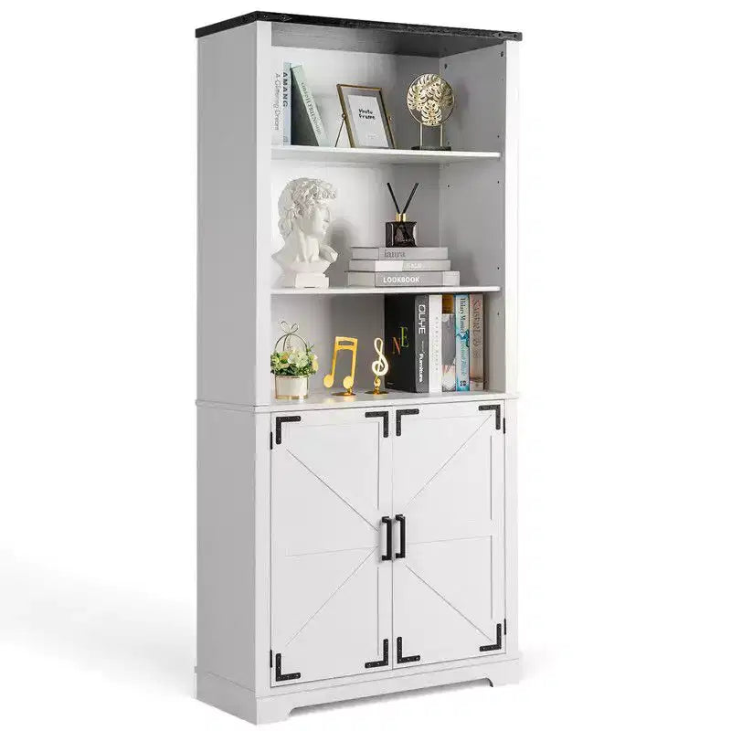 Vitrine blanche de 180 cm de haut avec 3 étagères et 2 portes