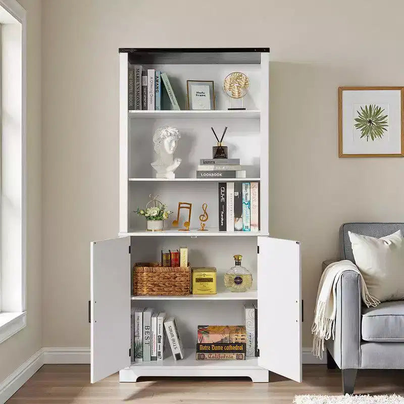 Vitrine blanche de 180 cm de haut avec 3 étagères et 2 portes