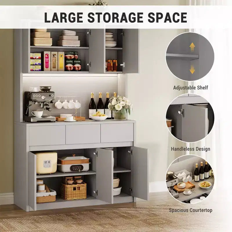 Armoire de rangement de cuisine avec station de recharge, vaisselier de cuisine de style ferme de 178 cm de haut avec support pour micro-ondes, garde-manger avec tiroirs et étagères
