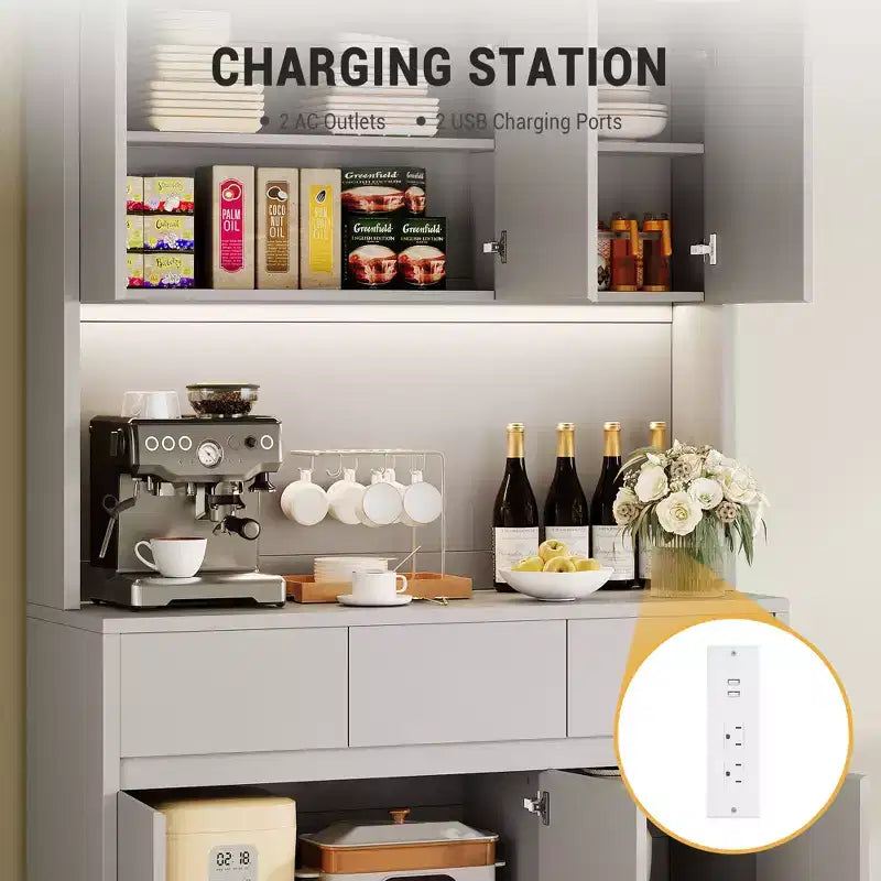 Armoire de rangement de cuisine avec station de recharge, vaisselier de cuisine de style ferme de 178 cm de haut avec support pour micro-ondes, garde-manger avec tiroirs et étagères