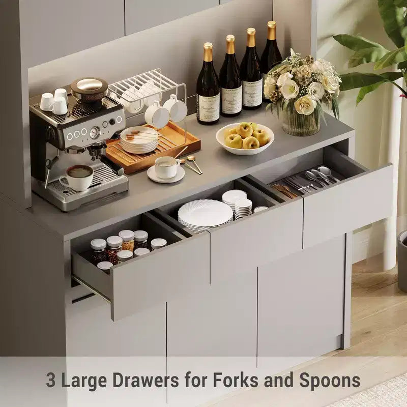 Armoire de rangement de cuisine avec station de recharge, vaisselier de cuisine de style ferme de 178 cm de haut avec support pour micro-ondes, garde-manger avec tiroirs et étagères