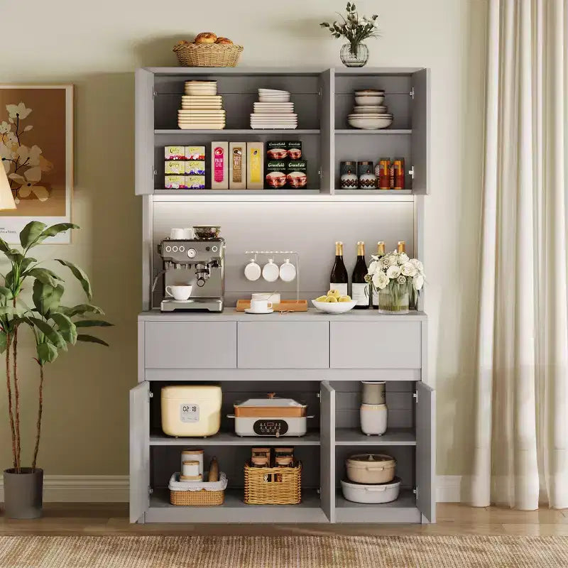 Armoire de rangement de cuisine avec station de recharge, vaisselier de cuisine de style ferme de 178 cm de haut avec support pour micro-ondes, garde-manger avec tiroirs et étagères