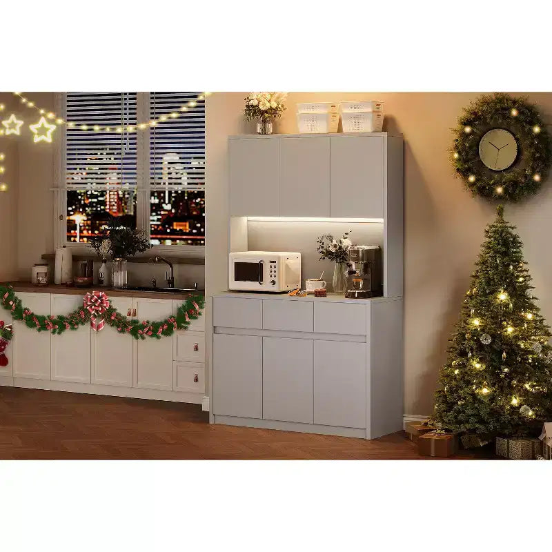Armoire de rangement de cuisine avec station de recharge, vaisselier de cuisine de style ferme de 178 cm de haut avec support pour micro-ondes, garde-manger avec tiroirs et étagères