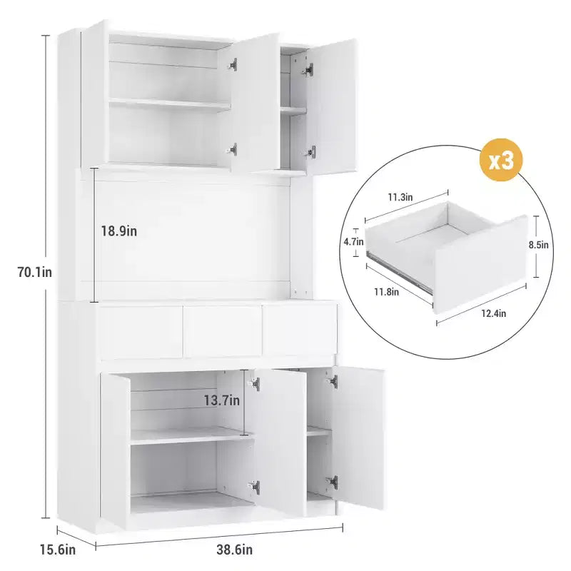 Armoire de rangement de cuisine avec station de recharge, vaisselier de cuisine de style ferme de 178 cm de haut avec support pour micro-ondes, garde-manger avec tiroirs et étagères