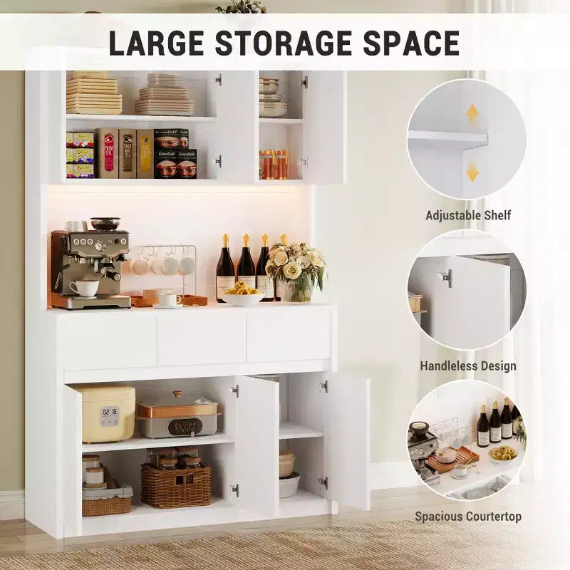 Armoire de rangement de cuisine avec station de recharge, vaisselier de cuisine de style ferme de 178 cm de haut avec support pour micro-ondes, garde-manger avec tiroirs et étagères