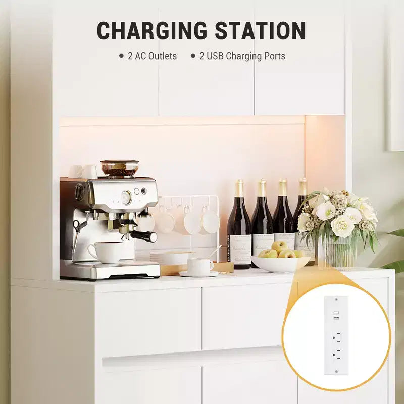 Armoire de rangement de cuisine avec station de recharge, vaisselier de cuisine de style ferme de 178 cm de haut avec support pour micro-ondes, garde-manger avec tiroirs et étagères