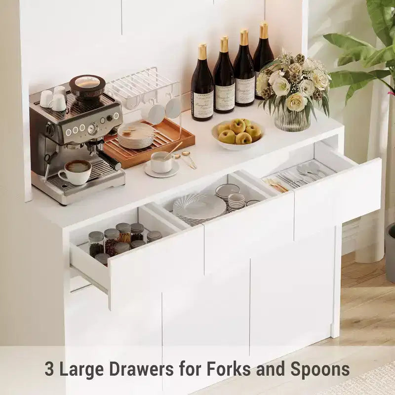 Armoire de rangement de cuisine avec station de recharge, vaisselier de cuisine de style ferme de 178 cm de haut avec support pour micro-ondes, garde-manger avec tiroirs et étagères