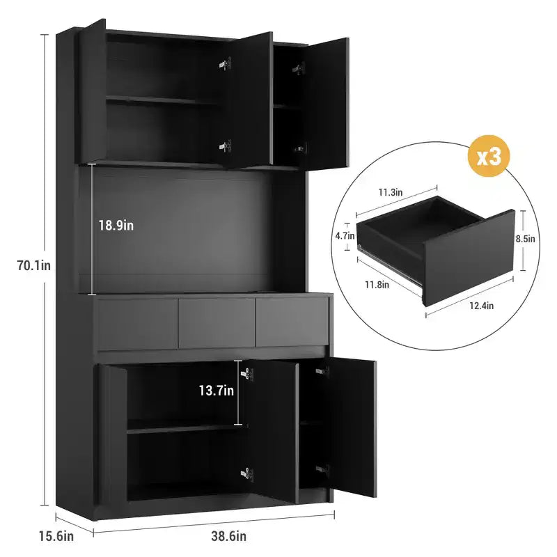 Armoire de rangement de cuisine avec station de recharge, vaisselier de cuisine de style ferme de 178 cm de haut avec support pour micro-ondes, garde-manger avec tiroirs et étagères