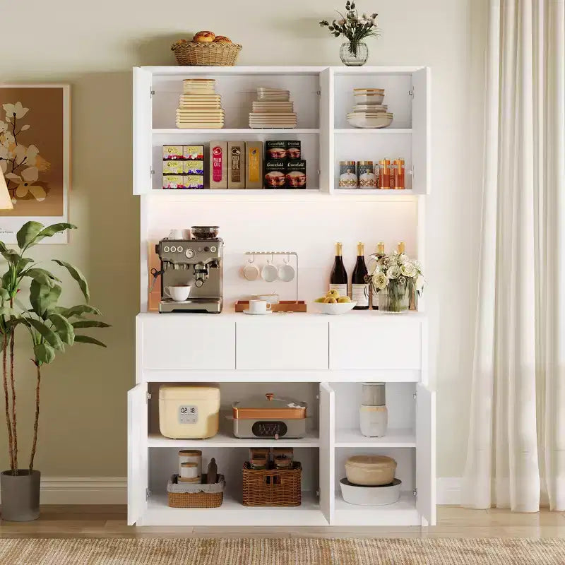 Armoire de rangement de cuisine avec station de recharge, vaisselier de cuisine de style ferme de 178 cm de haut avec support pour micro-ondes, garde-manger avec tiroirs et étagères