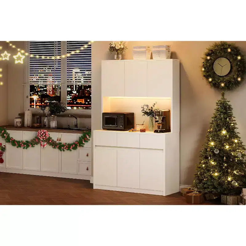 Armoire de rangement de cuisine avec station de recharge, vaisselier de cuisine de style ferme de 178 cm de haut avec support pour micro-ondes, garde-manger avec tiroirs et étagères