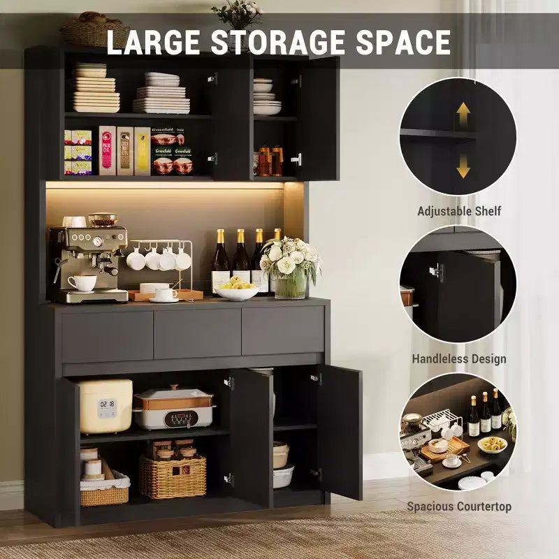 Armoire de rangement de cuisine avec station de recharge, vaisselier de cuisine de style ferme de 178 cm de haut avec support pour micro-ondes, garde-manger avec tiroirs et étagères