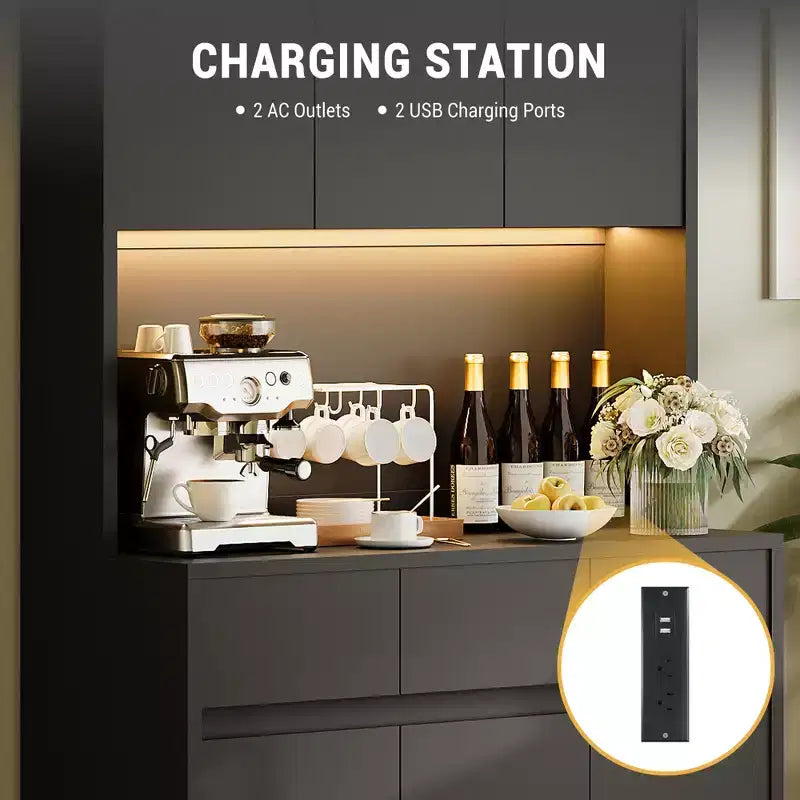 Armoire de rangement de cuisine avec station de recharge, vaisselier de cuisine de style ferme de 178 cm de haut avec support pour micro-ondes, garde-manger avec tiroirs et étagères