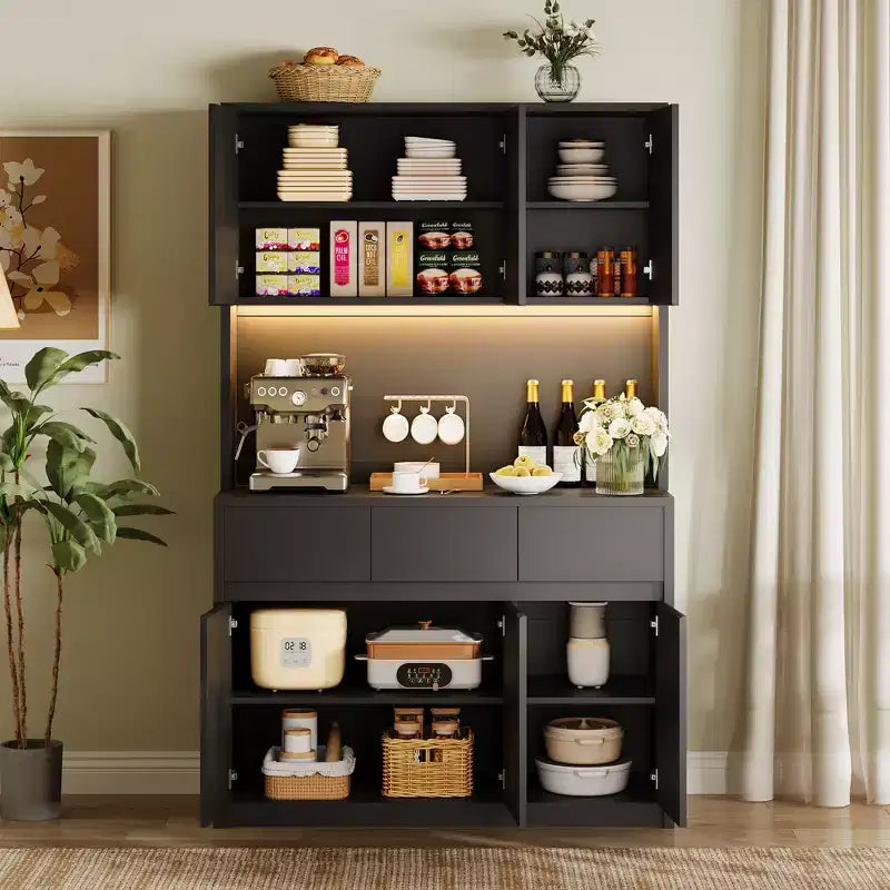 Armoire de rangement de cuisine avec station de recharge, vaisselier de cuisine de style ferme de 178 cm de haut avec support pour micro-ondes, garde-manger avec tiroirs et étagères