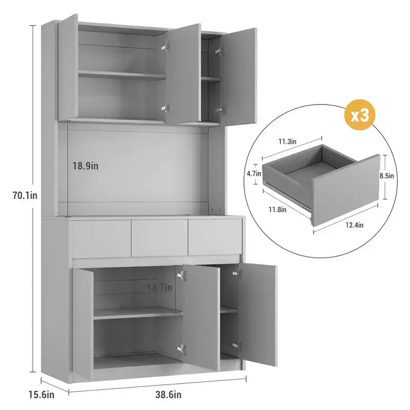 Armoire de rangement de cuisine avec station de recharge, vaisselier de cuisine de style ferme de 178 cm de haut avec support pour micro-ondes, garde-manger avec tiroirs et étagères