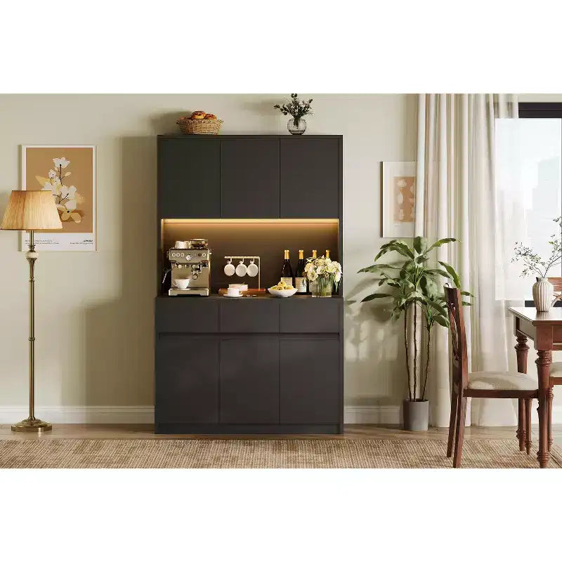 Kitchen Pantry Storage Cabinet with Charging Station, 70 Tall Farmhouse Kitchen Hutch Cabinet with Microwave Stand,Pantry with Drawers,Shelves