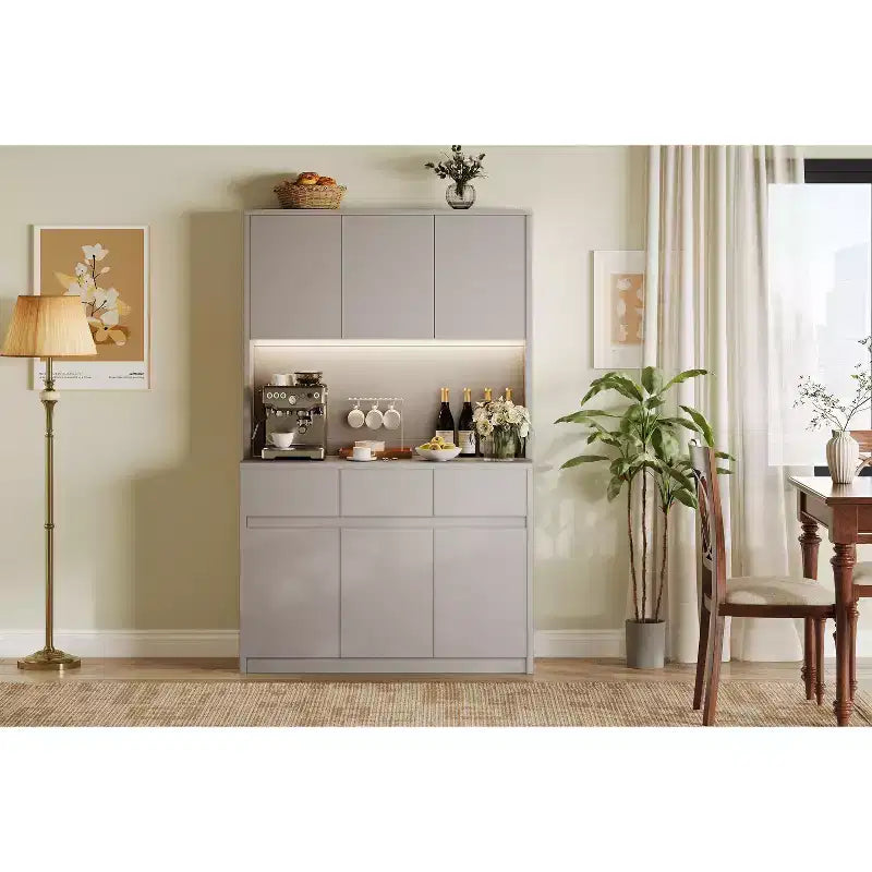 Armoire de rangement de cuisine avec station de recharge, vaisselier de cuisine de style ferme de 178 cm de haut avec support pour micro-ondes, garde-manger avec tiroirs et étagères