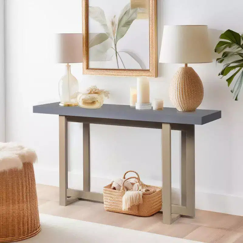 Table d'entrée grise 150 cm avec plateau simple en panneau de fibres et pin, avec cadre carré pour le rangement