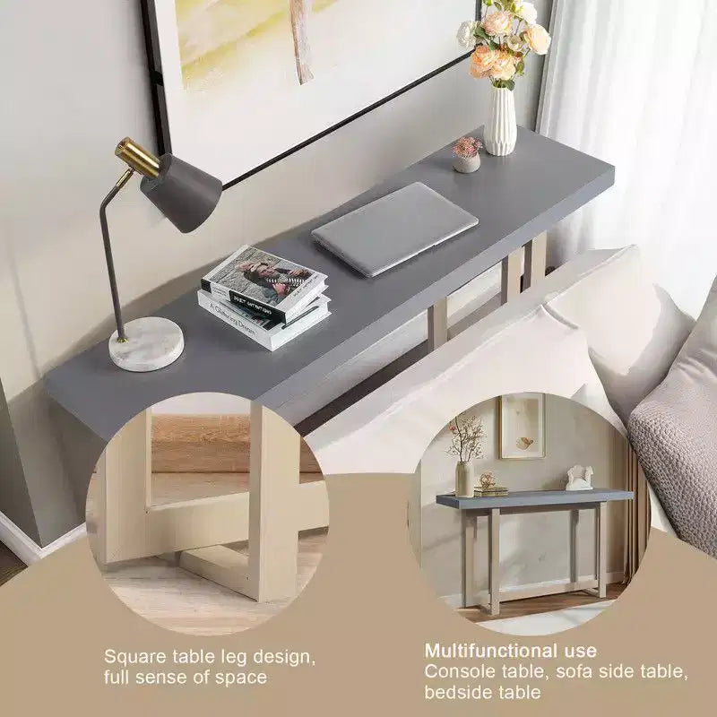 Table d'entrée grise 150 cm avec plateau simple en panneau de fibres et pin, avec cadre carré pour le rangement