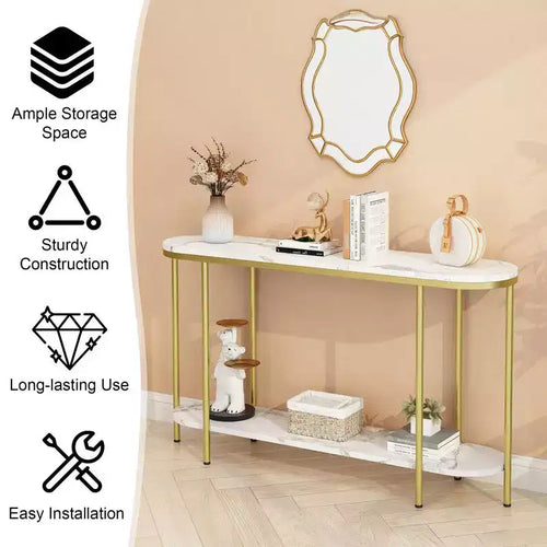 2 Layers Long Oval Density Board with Triamine Iron 42.13in White Marble Top Gold Frame Entrance Table