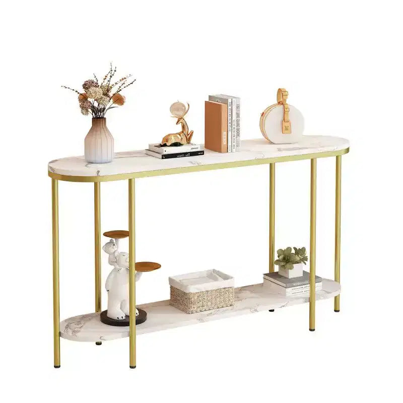 Console d'entrée à 2 niveaux, plateau ovale long en panneau de densité avec triamine imitation marbre blanc 107 cm, structure en fer doré