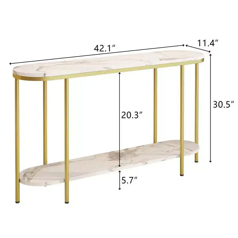 Console d'entrée à 2 niveaux, plateau ovale long en panneau de densité avec triamine imitation marbre blanc 107 cm, structure en fer doré