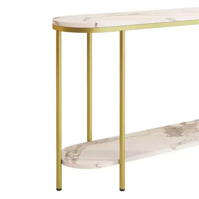 Console d'entrée à 2 niveaux, plateau ovale long en panneau de densité avec triamine imitation marbre blanc 107 cm, structure en fer doré