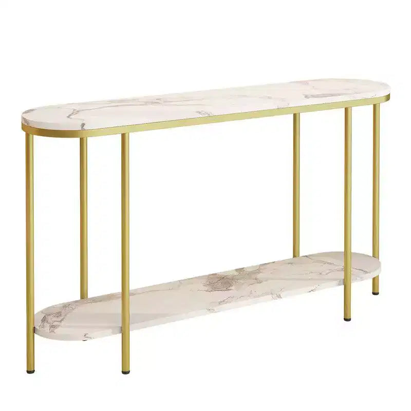 Console d'entrée à 2 niveaux, plateau ovale long en panneau de densité avec triamine imitation marbre blanc 107 cm, structure en fer doré