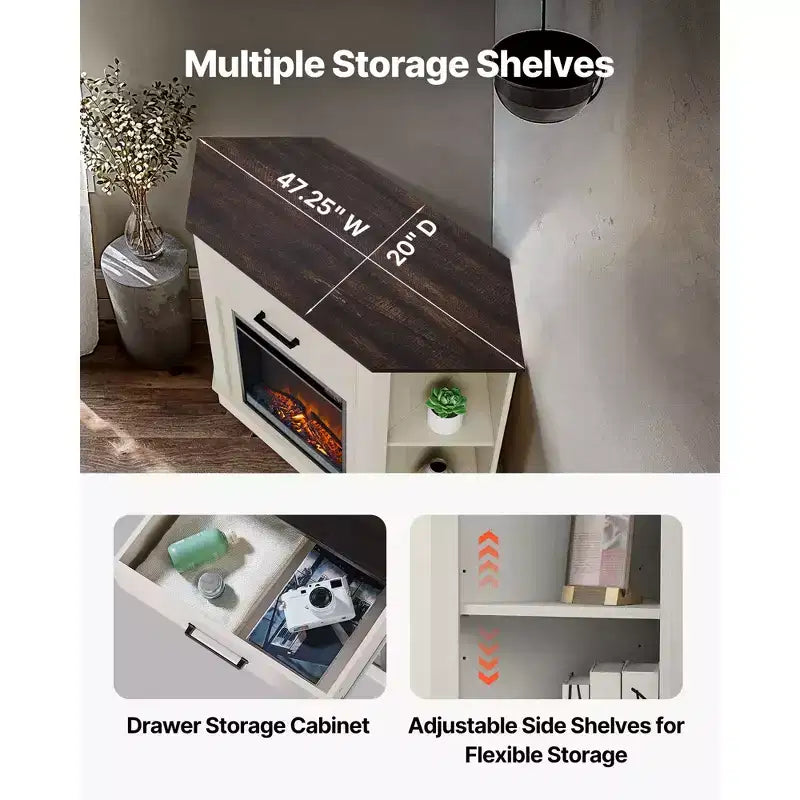 Meuble TV avec cheminée, pour téléviseurs jusqu'à 50 pouces, meuble de divertissement style ferme avec cheminée de 18 pouces, blanc