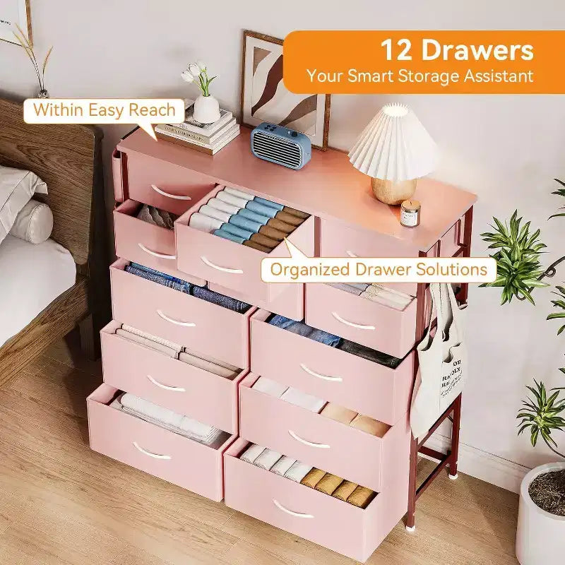 Commode à 12 tiroirs pour chambre à coucher, Commode de rangement en tissu pour chambre à coucher, salon ou entrée