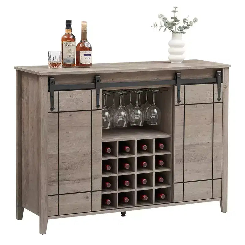 Meuble à vin avec rangement, avec porte coulissante de style grange, buffet avec casier à vin pour 16 bouteilles pour salle à manger, meuble de bar à café pour salle à manger