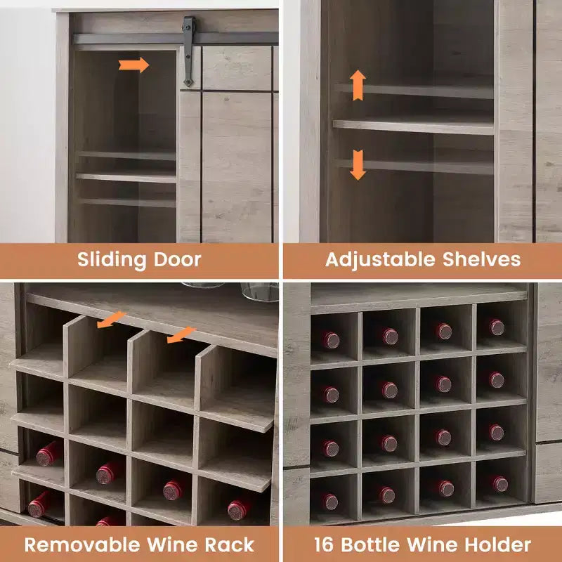 Meuble à vin avec rangement, avec porte coulissante de style grange, buffet avec casier à vin pour 16 bouteilles pour salle à manger, meuble de bar à café pour salle à manger