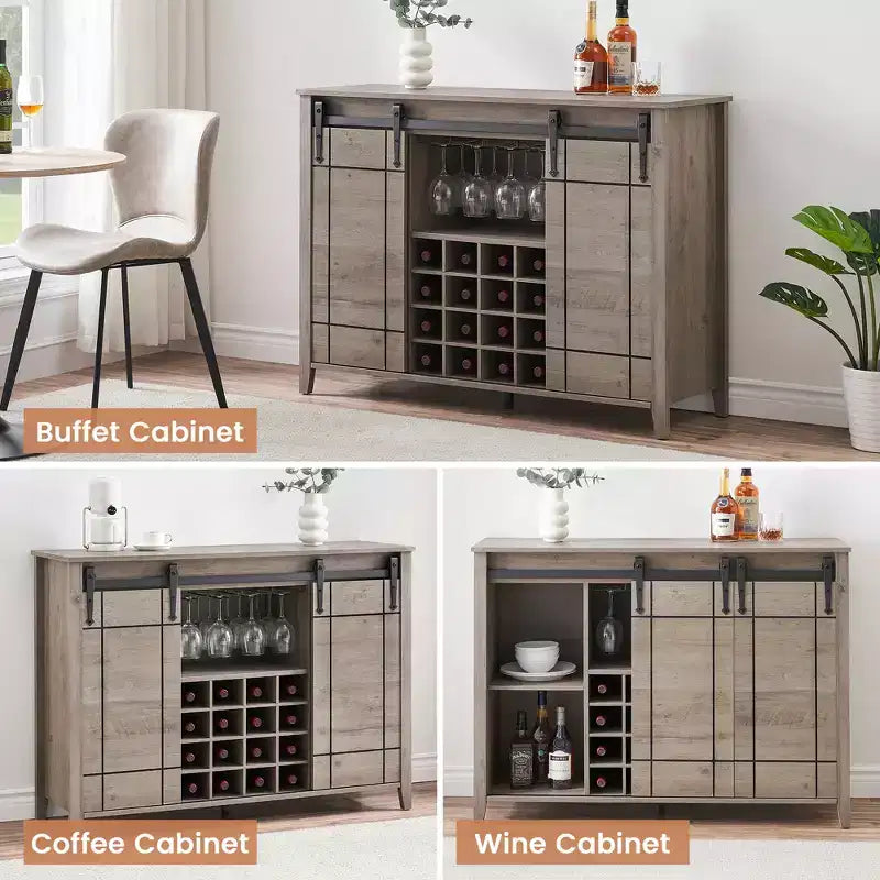 Meuble à vin avec rangement, avec porte coulissante de style grange, buffet avec casier à vin pour 16 bouteilles pour salle à manger, meuble de bar à café pour salle à manger