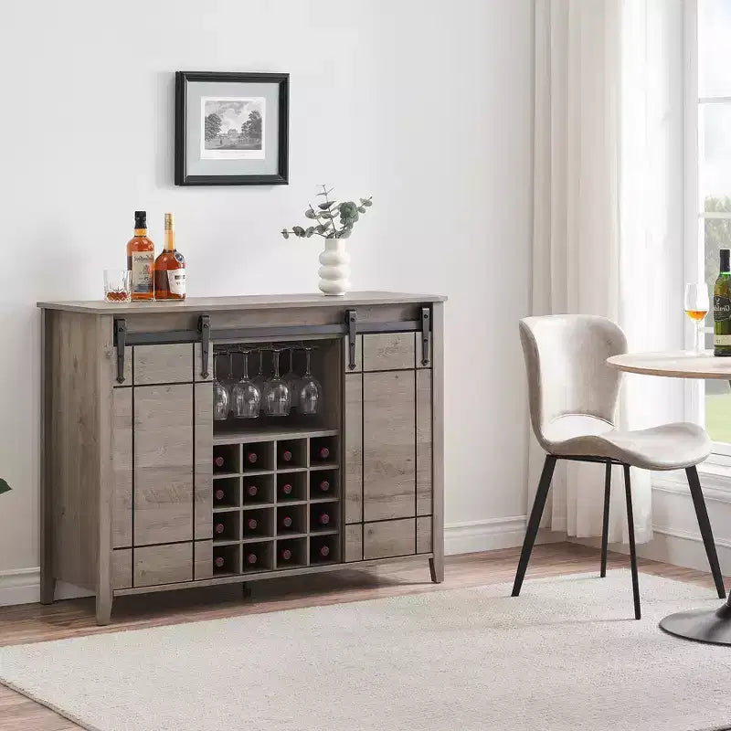Meuble à vin avec rangement, avec porte coulissante de style grange, buffet avec casier à vin pour 16 bouteilles pour salle à manger, meuble de bar à café pour salle à manger