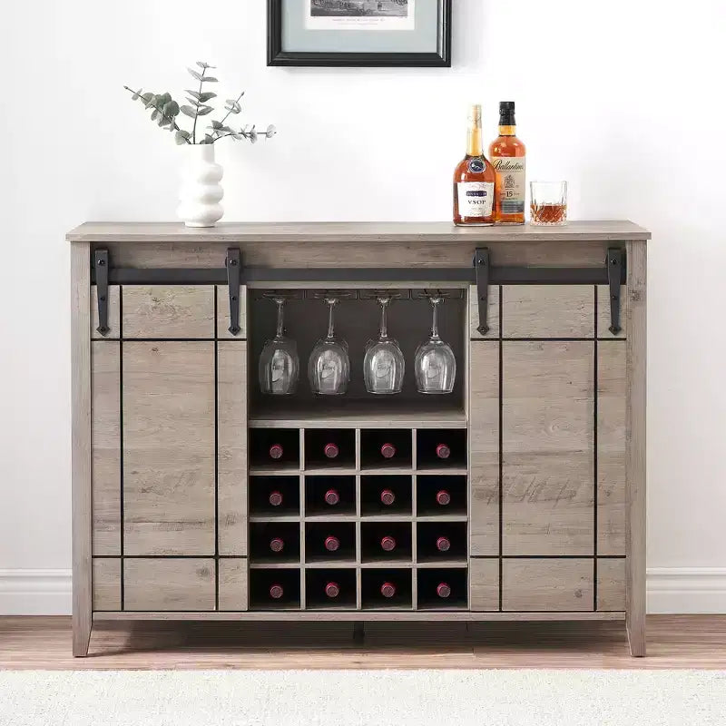 Meuble à vin avec rangement, avec porte coulissante de style grange, buffet avec casier à vin pour 16 bouteilles pour salle à manger, meuble de bar à café pour salle à manger
