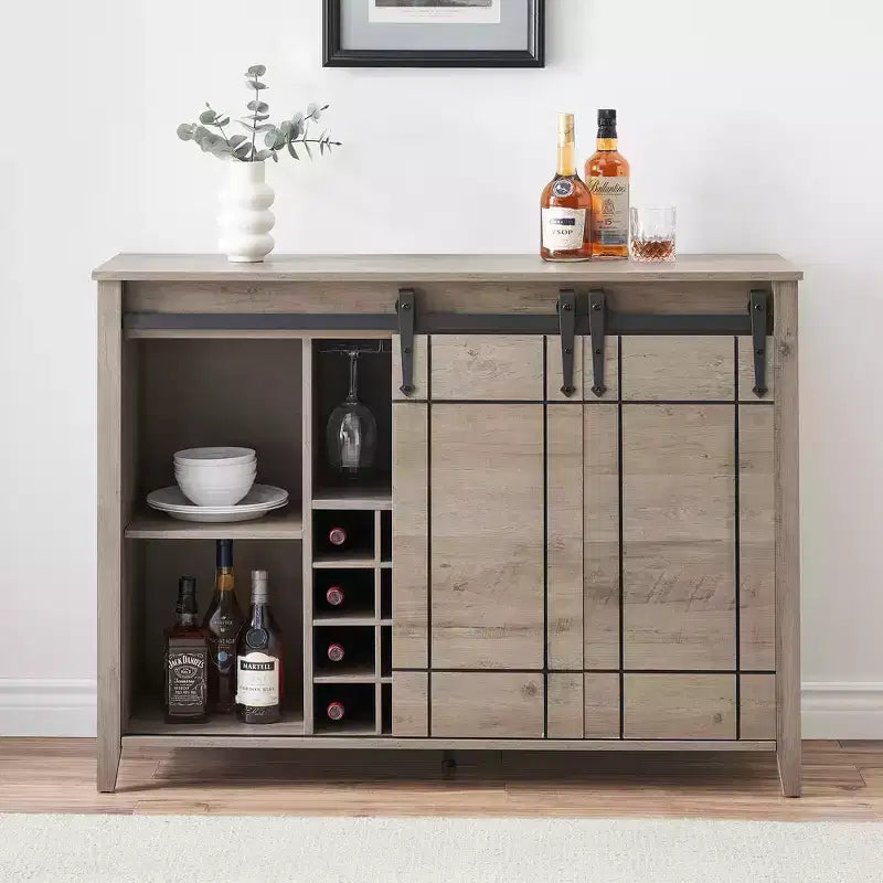 Meuble à vin avec rangement, avec porte coulissante de style grange, buffet avec casier à vin pour 16 bouteilles pour salle à manger, meuble de bar à café pour salle à manger