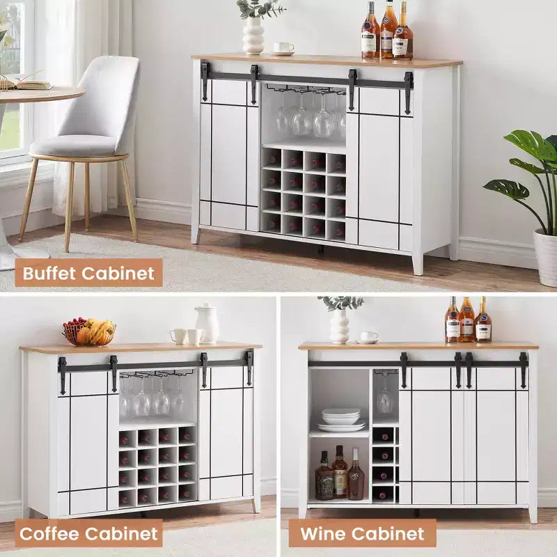 Meuble à vin avec rangement, avec porte coulissante de style grange, buffet avec casier à vin pour 16 bouteilles pour salle à manger, meuble de bar à café pour salle à manger
