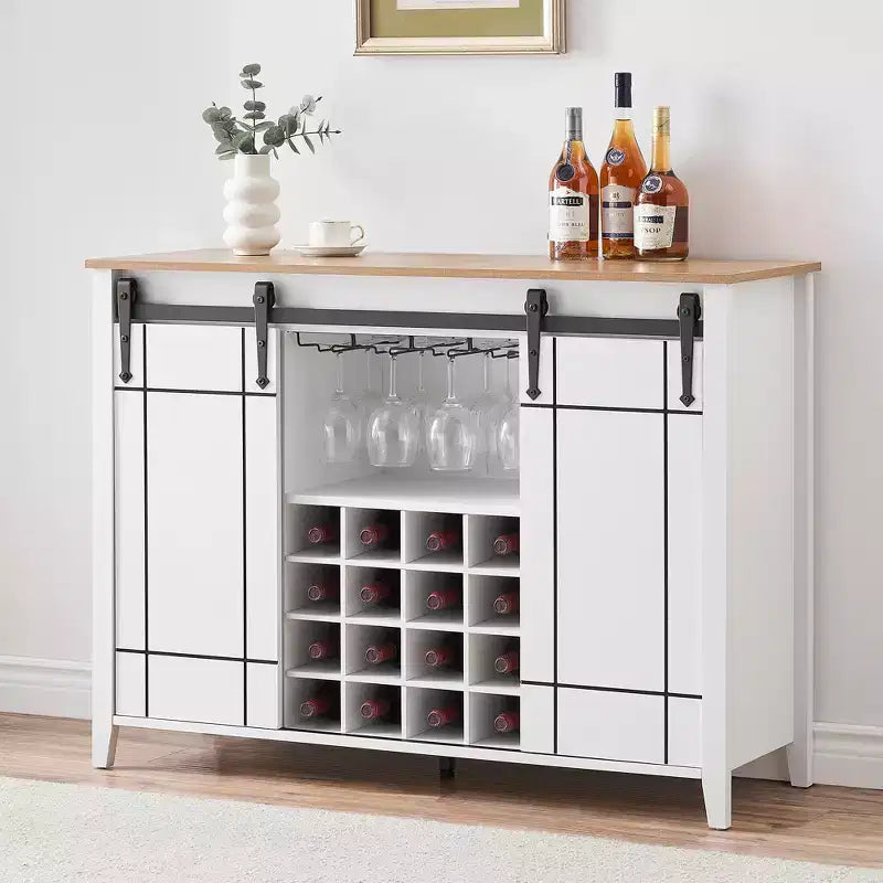 Meuble à vin avec rangement, avec porte coulissante de style grange, buffet avec casier à vin pour 16 bouteilles pour salle à manger, meuble de bar à café pour salle à manger