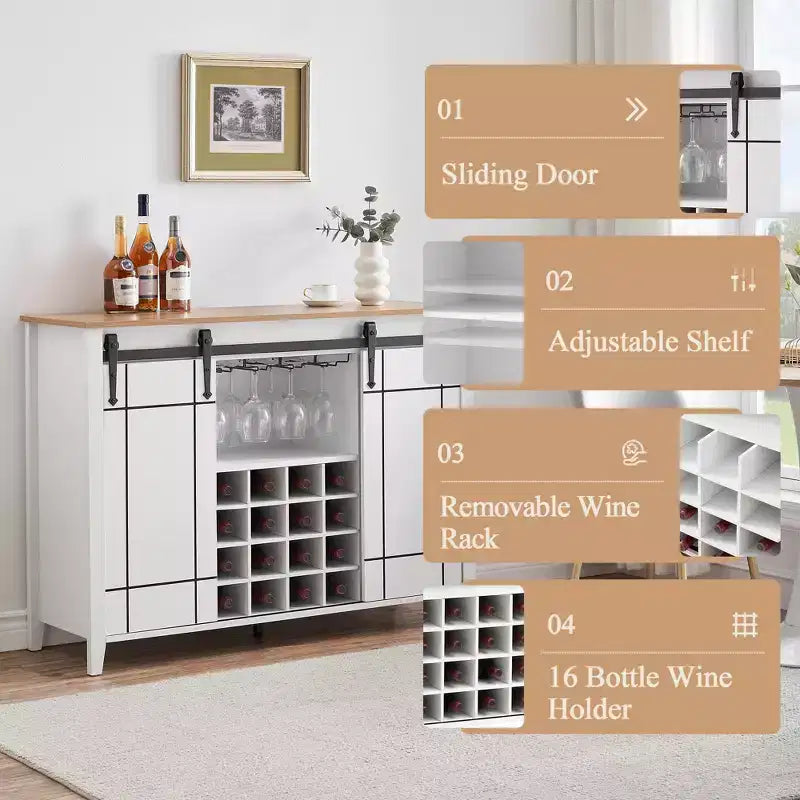 Meuble à vin avec rangement, avec porte coulissante de style grange, buffet avec casier à vin pour 16 bouteilles pour salle à manger, meuble de bar à café pour salle à manger