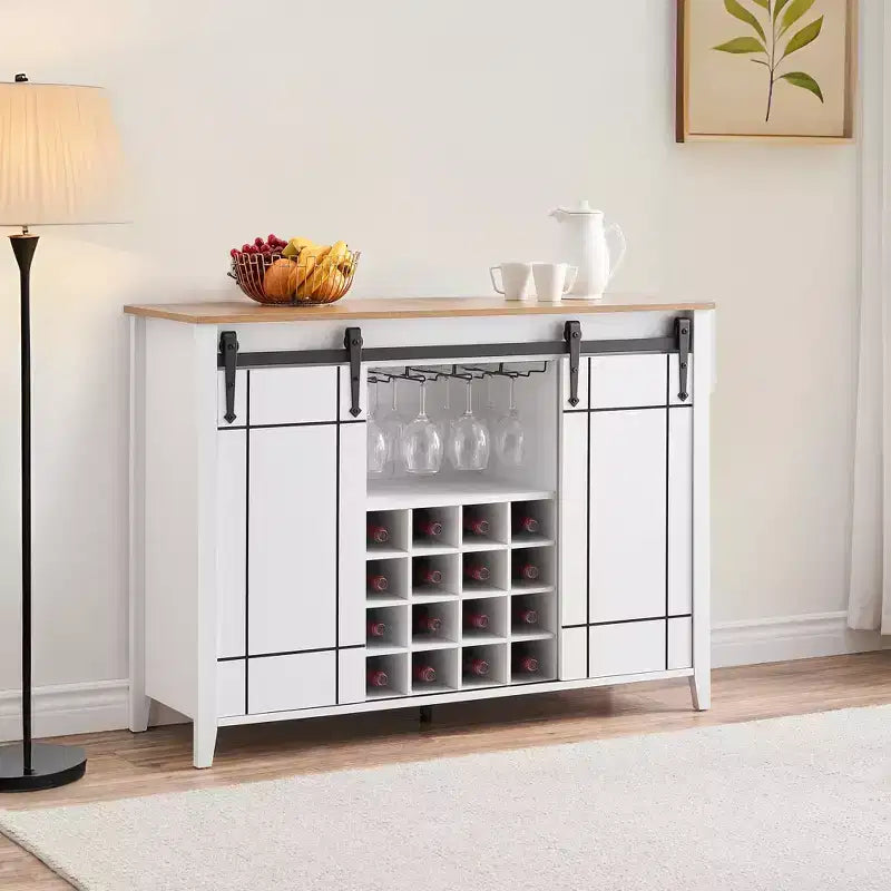 Meuble à vin avec rangement, avec porte coulissante de style grange, buffet avec casier à vin pour 16 bouteilles pour salle à manger, meuble de bar à café pour salle à manger