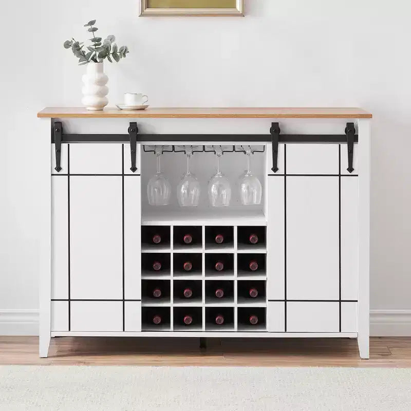 Meuble à vin avec rangement, avec porte coulissante de style grange, buffet avec casier à vin pour 16 bouteilles pour salle à manger, meuble de bar à café pour salle à manger