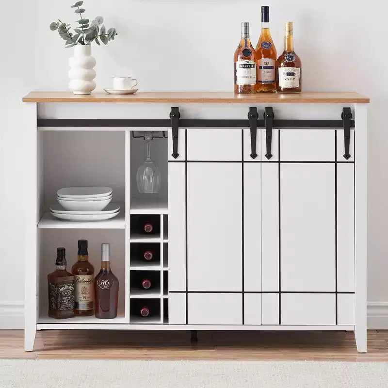 Meuble à vin avec rangement, avec porte coulissante de style grange, buffet avec casier à vin pour 16 bouteilles pour salle à manger, meuble de bar à café pour salle à manger