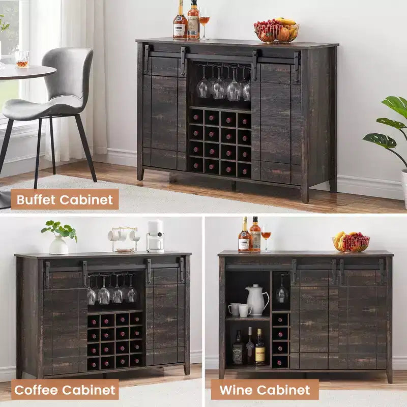 Meuble à vin avec rangement, avec porte coulissante de style grange, buffet avec casier à vin pour 16 bouteilles pour salle à manger, meuble de bar à café pour salle à manger