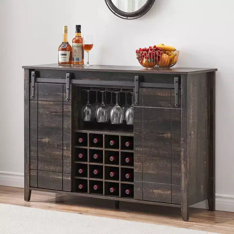 Meuble à vin avec rangement, avec porte coulissante de style grange, buffet avec casier à vin pour 16 bouteilles pour salle à manger, meuble de bar à café pour salle à manger