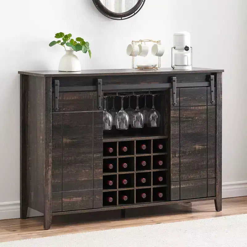 Meuble à vin avec rangement, avec porte coulissante de style grange, buffet avec casier à vin pour 16 bouteilles pour salle à manger, meuble de bar à café pour salle à manger