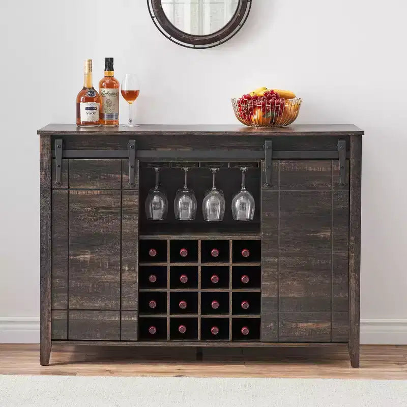 Meuble à vin avec rangement, avec porte coulissante de style grange, buffet avec casier à vin pour 16 bouteilles pour salle à manger, meuble de bar à café pour salle à manger