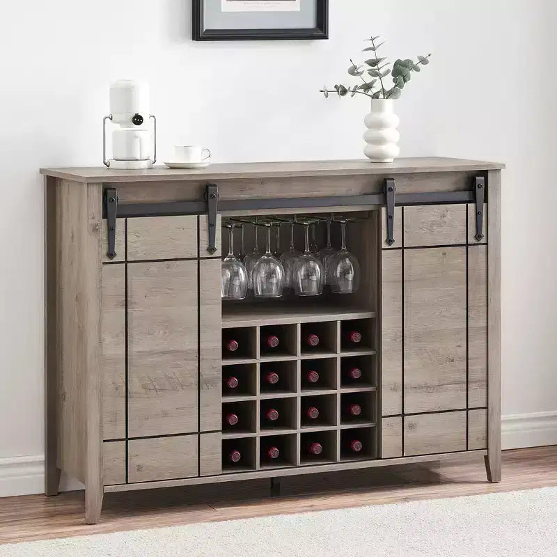 Meuble à vin avec rangement, avec porte coulissante de style grange, buffet avec casier à vin pour 16 bouteilles pour salle à manger, meuble de bar à café pour salle à manger